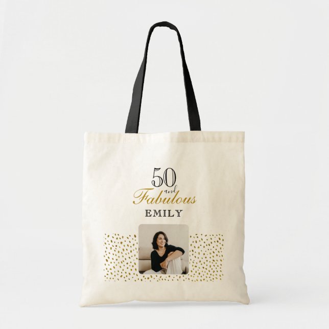 50 and Fabulous Gold Glitter Photo 50th Birthday Tragetasche (Vorne)