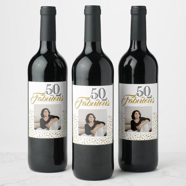 50 and Fabulous Gold Glitter Photo 50th Birthday Weinetikett (Flaschen)