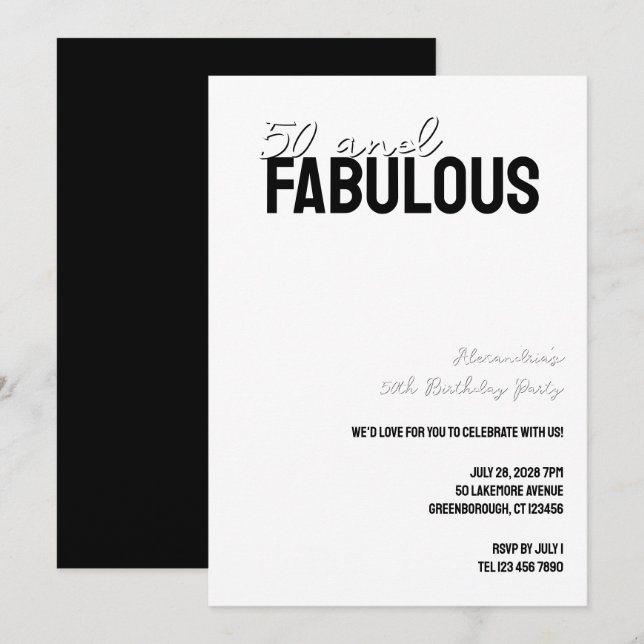 50 and Fabulous Minimal 50th Birthday Party Einladung (Vorne/Hinten)