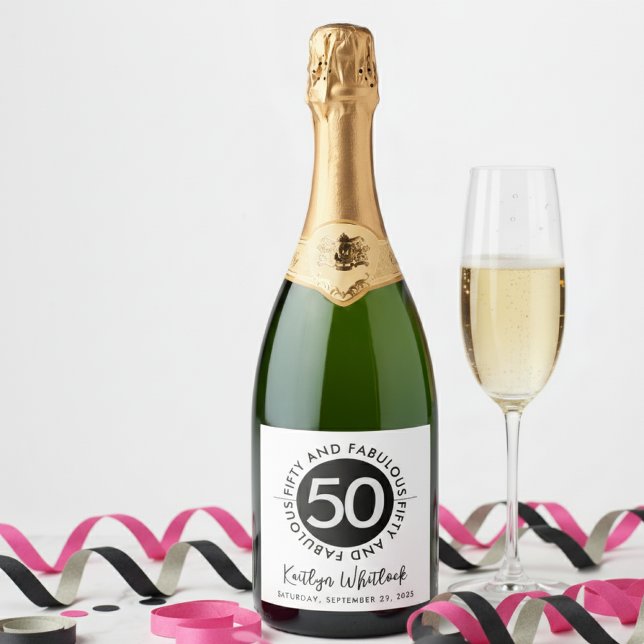 50 and Fabulous Name Date 50th Birthday Party (elegant bold black and white fifty and fabulous 50th birthday party sparkling wine labels with name )