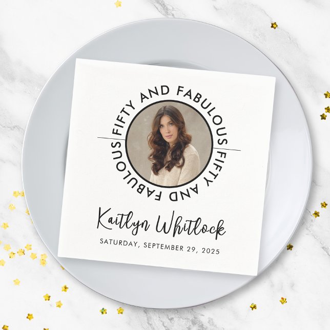 50 and Fabulous Name Date 50th Birthday Party Serviette (black and white 50 and fabulous bold 50th birthday party napkins for elegant name date details)