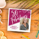 50 and Fabulous Script Photo Magenta 50th Birthday Serviette<br><div class="desc">50 and Fabulous Script Photo Magenta 50th Birthday Napkins. Trendy white script and white foliage with a custom photo. Make your own 50th birthday party paper napkins for her. Customize with the name and age and insert your photo into the template.</div>