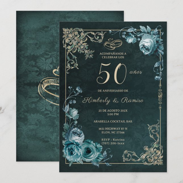 50 Aniversario Floral Vintag Einladung (Vorne/Hinten)