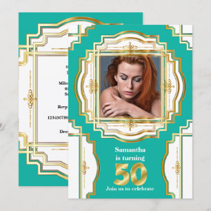 50. aquamarines weißes goldfarbenes Foto-Rahmen 50 Einladung