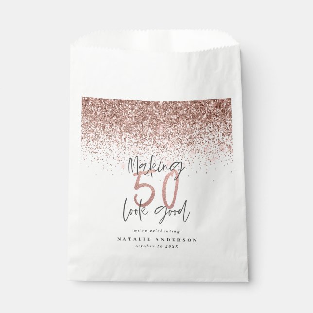 50 aussehen, gute Rose Gold Glitzer Gastgeschenk Geschenktütchen (Vorderseite)