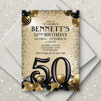50. Balloons Black Gold Geburtstag Einladung