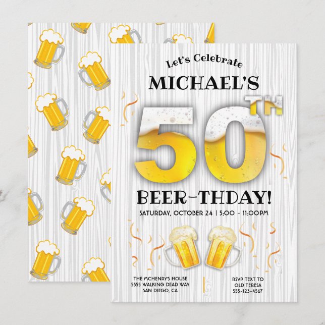 50. Beer Birthday Party - Meilenstein Einladung (Vorne/Hinten)