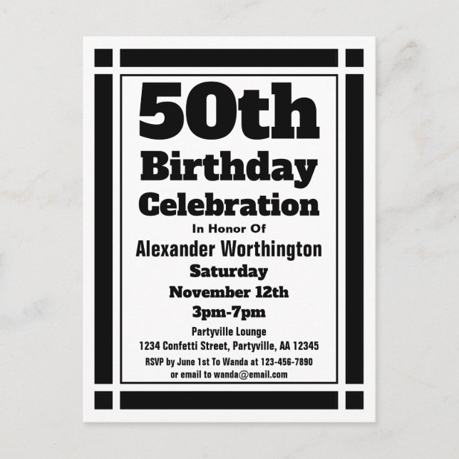 50. Black Geometric Birthday Einladung Postkarte (Vorderseite)
