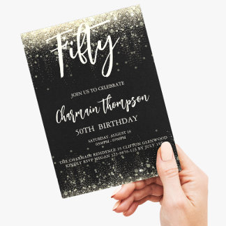 50 Black Gold Glitzer 50. Geburtstagsparty Einladung