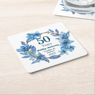 50. Blaue Blumen Goldene Hochzeit Rechteckiger Pappuntersetzer