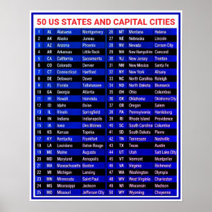 50 Bundesstaaten und Hauptstädte - USA Dekor. Wand Poster