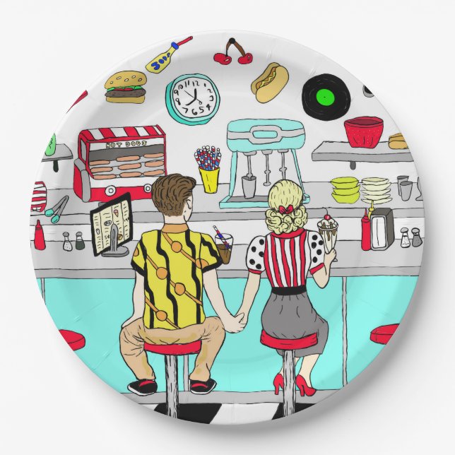 50 Diner Nostalgic Couple Holding Hands Art Pappteller (Vorderseite)