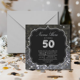50. Eleganter Silberschwarz Geburtstag Einladung