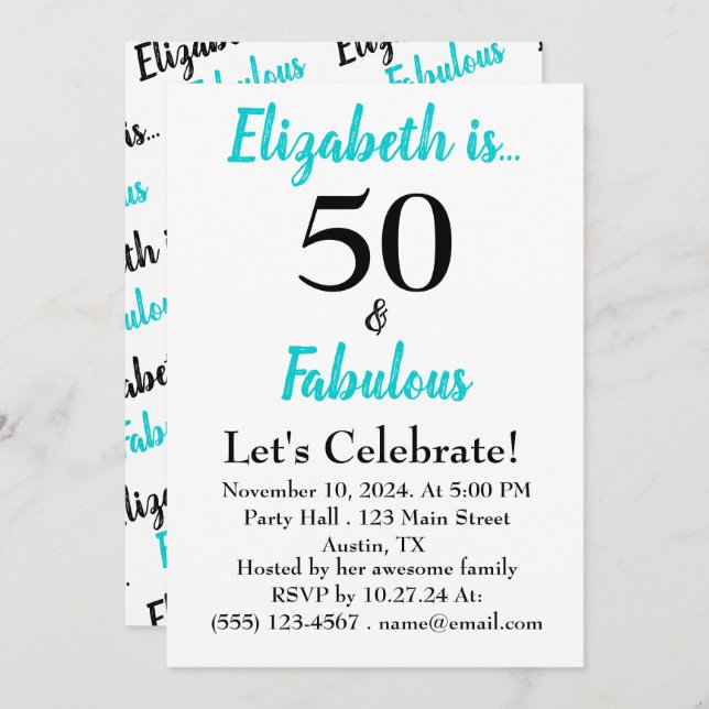 50 et Fabuleux Turquoise Black Script Invitation (Devant / Derrière)