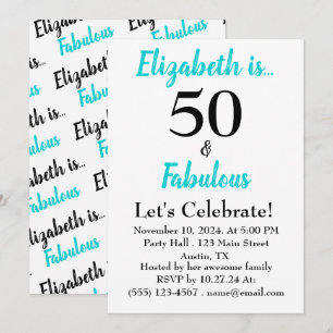 50 et Fabuleux Turquoise Black Script Invitation