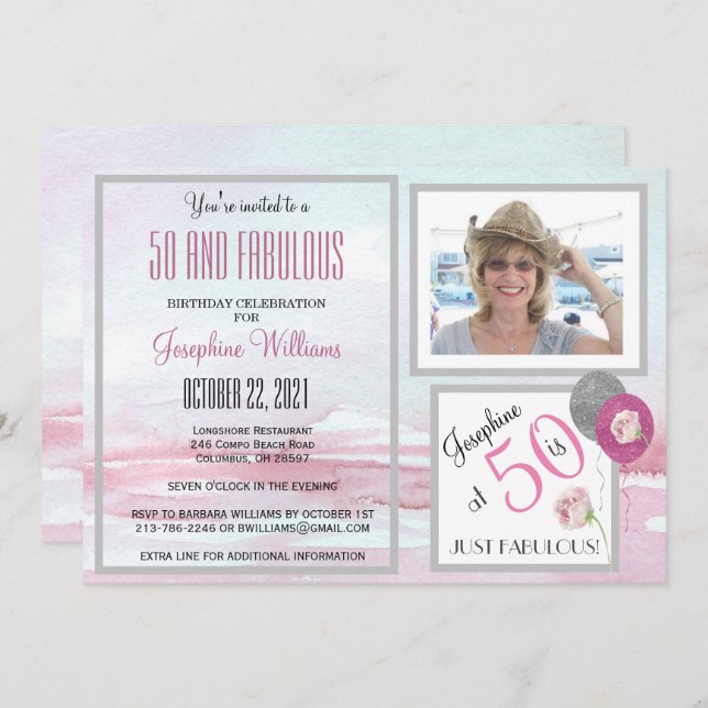 50 et Fabulous Party Invitation rose (Devant / Derrière)