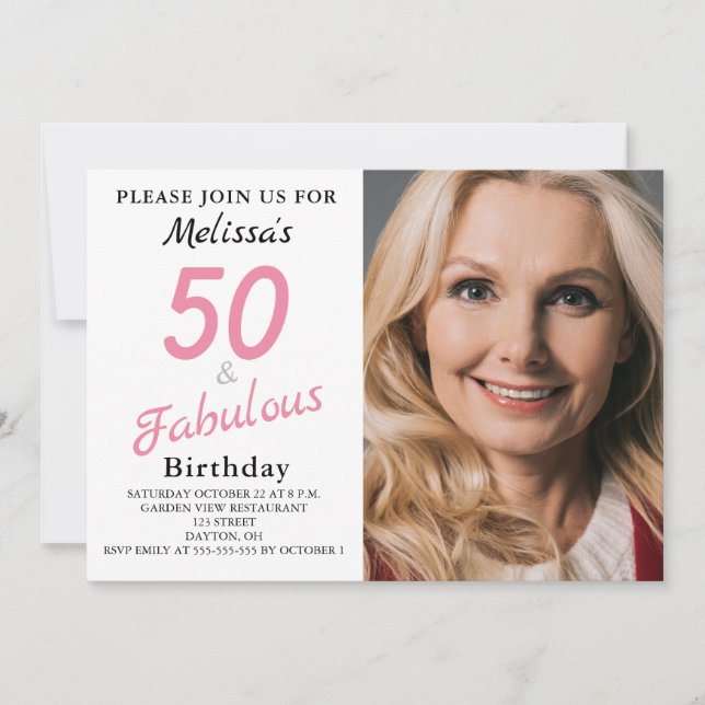 50 et Fabulous Photo Pink Invitation Anniversaire (Devant)