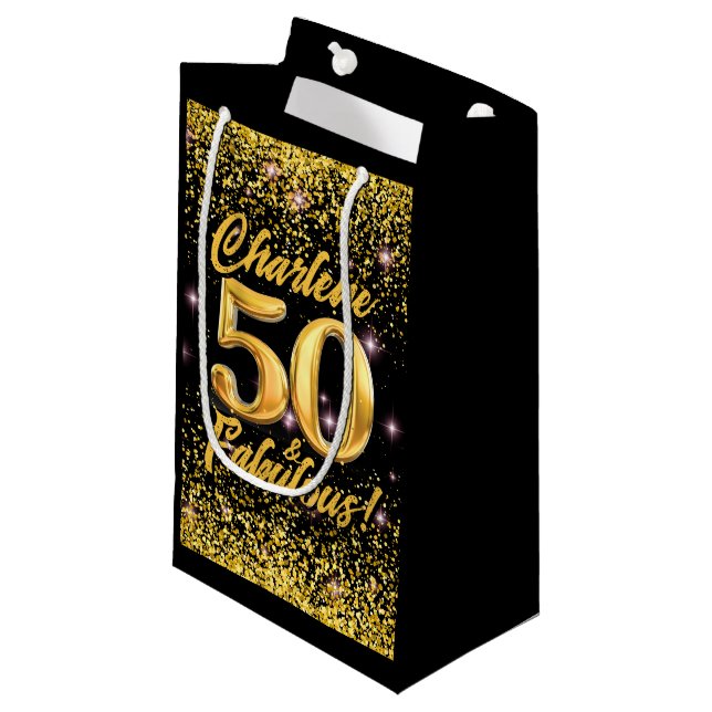 50 fabelhafte Gold Glitzer Pink Stars 50. Geburtst Kleine Geschenktüte (Vorderseite Schrägansicht)