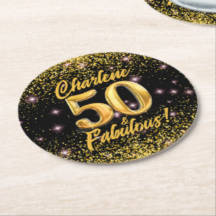 50 fabelhafte Gold Glitzer Pink Stars 50. Geburtst Runder Pappuntersetzer
