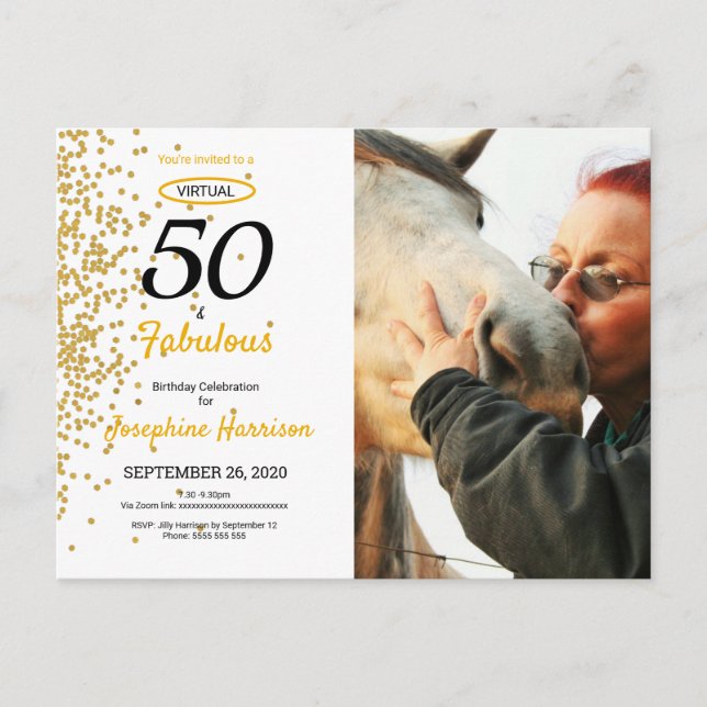 50 & fabelhafte Gold Virtual Birthday Einladung Postkarte (Vorderseite)