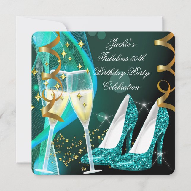 50. Fabelhafter Aquamariner Glitzer Hohe Heels Geb Einladung (Vorderseite)