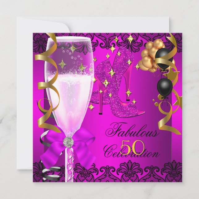50 fabelhaftes Pink Black Gold 50. Champagner Part Einladung (Vorderseite)