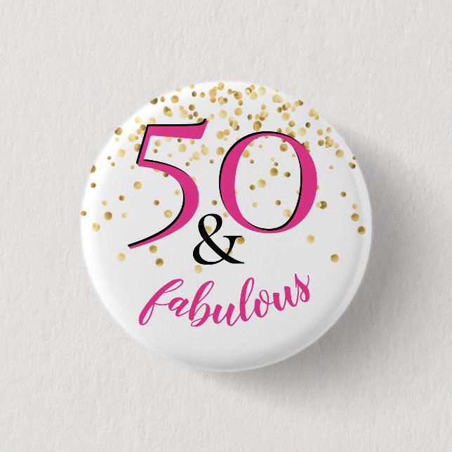 50 & fabelhaftes Pink & White Gold Dots Gastgesche Button (Vorderseite)