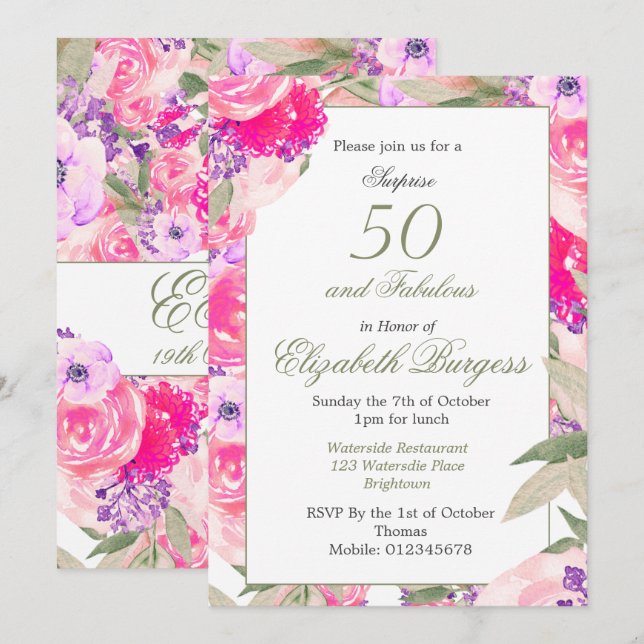 50 Fabelrosa Rose Chic Birthday Einladung (Vorne/Hinten)