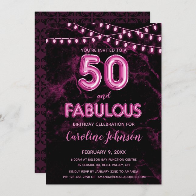50 & Fabuleux Balloon rose Invitations d'anniversa (Devant / Derrière)