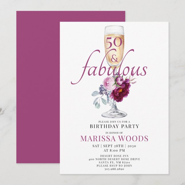 50 Fabuleux Champagne Floral Invitation Anniversai (Devant / Derrière)