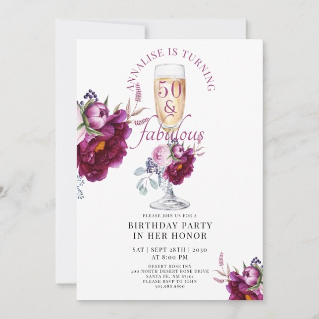 50 Fabuleux Champagne Floral Invitation Anniversai (Devant)