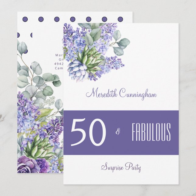 50 & Fabuleux Purple Lilacs Aquarelle Invitation (Devant / Derrière)