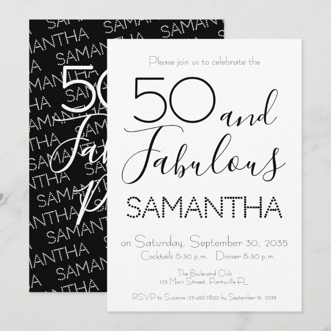 50 & Fabulous 50th Birthday Party Black Elegant Einladung (Vorne/Hinten)