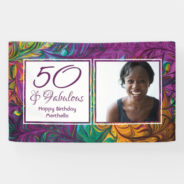 50 & Fabulous Abstraktes LILA Foto Geburtstag Banner (Horizontal)