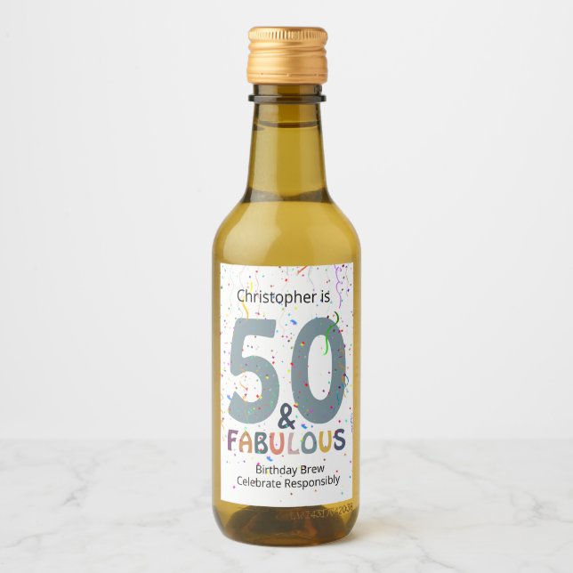 50 & Fabulous Add Name Niedlich Blue Confetti Gebu Weinetikett (Vorderseite)