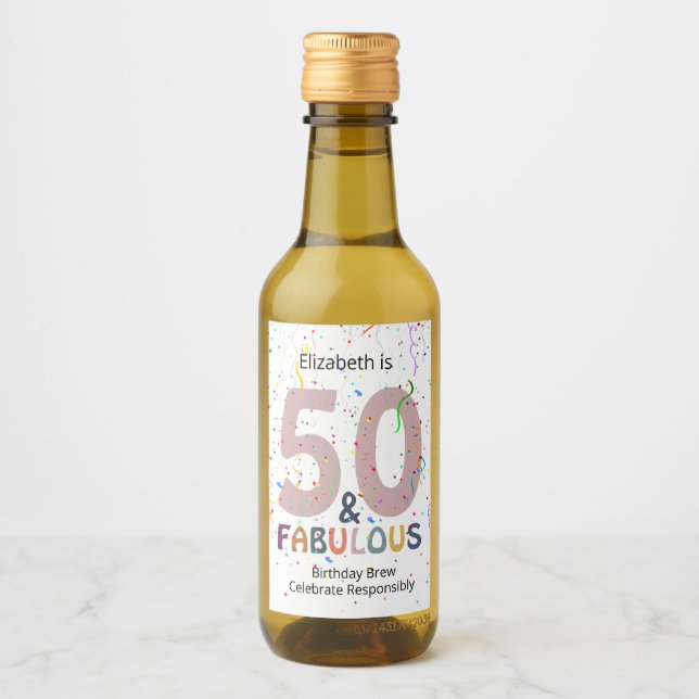 50 & Fabulous Add Name Niedlich Blue Confetti Gebu Weinetikett (Vorderseite)