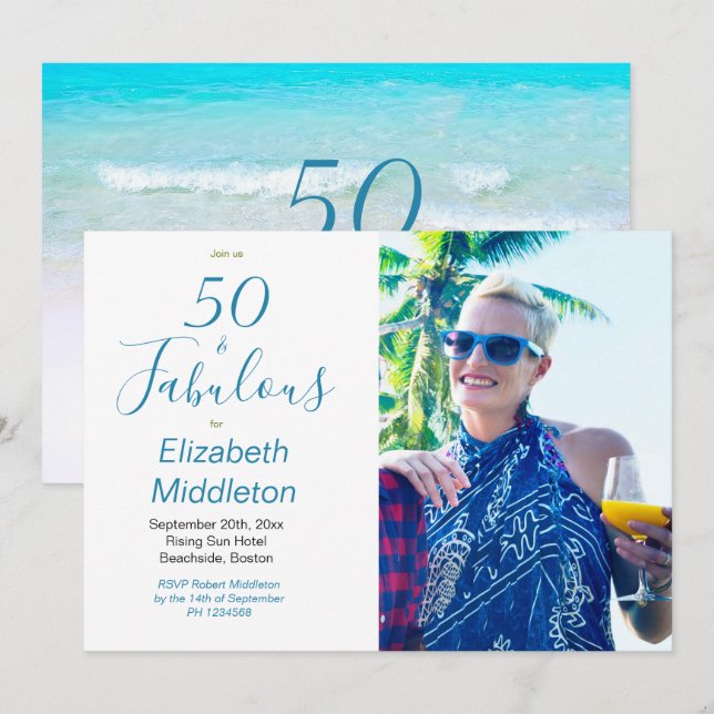 50 Fabulous Beach Blue Modern Foto Typografie Einladung (Vorne/Hinten)