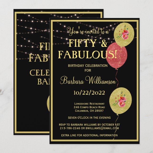 50 & Fabulous Birthday Black Gold Einladung (Vorne/Hinten)