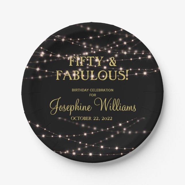 50 & Fabulous Birthday Black Gold Pappteller (Vorderseite)