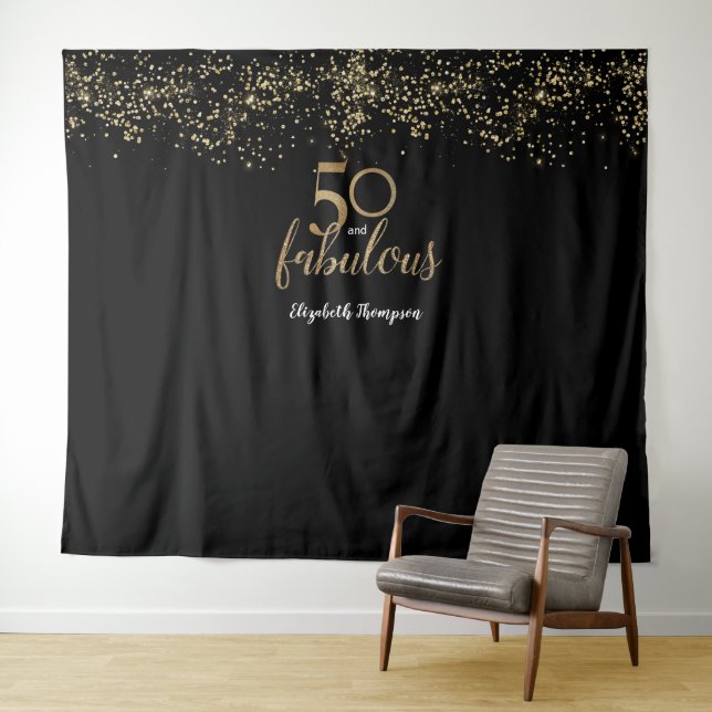 50 & Fabulous Birthday Black Gold Personalisiert Wandteppich (Beispiel (Horizontal))