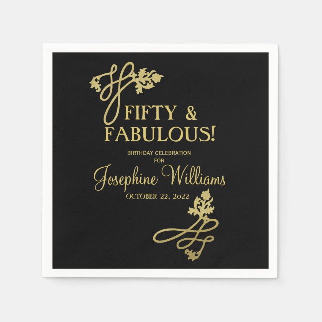 50 & Fabulous Birthday Black Gold Serviette (Vorderseite)