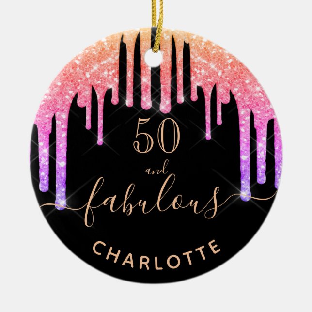 50 Fabulous birthday black rainbow glitter sparkle Keramik Ornament (Vorne)