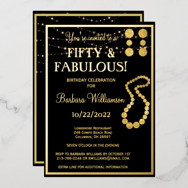 50 & Fabulous Birthday Black REAL Gold Folieneinladung (Vorderseite/Rückseite)