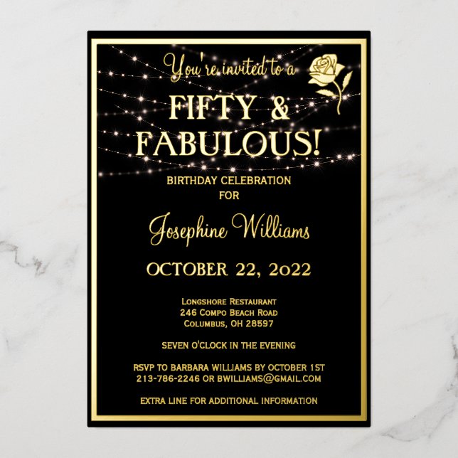 50 & Fabulous Birthday Black REAL Gold Folieneinladung (Vorderseite)