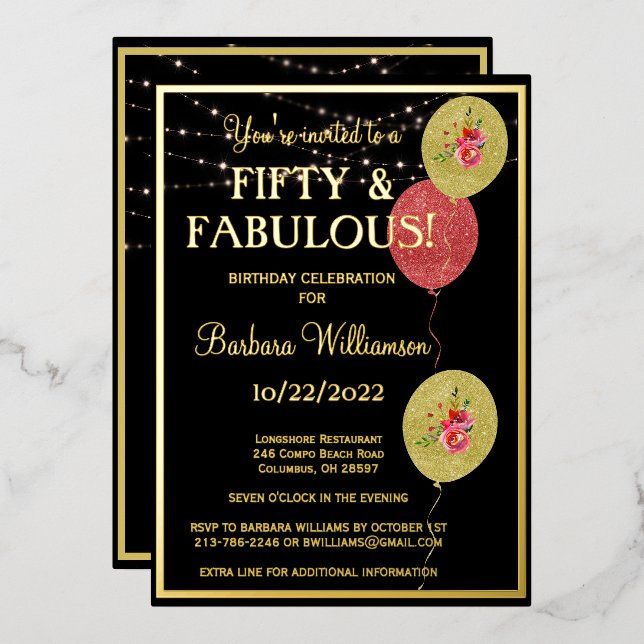 50 & Fabulous Birthday Black REAL Gold Folieneinladung (Vorderseite/Rückseite)