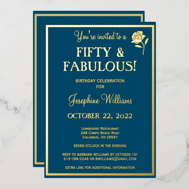 50 & Fabulous Birthday Blue REAL Gold Folieneinladung (Vorderseite/Rückseite)