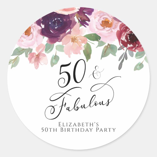 50 Fabulous Birthday Burgundy Pink Floral Runder Aufkleber (Vorderseite)