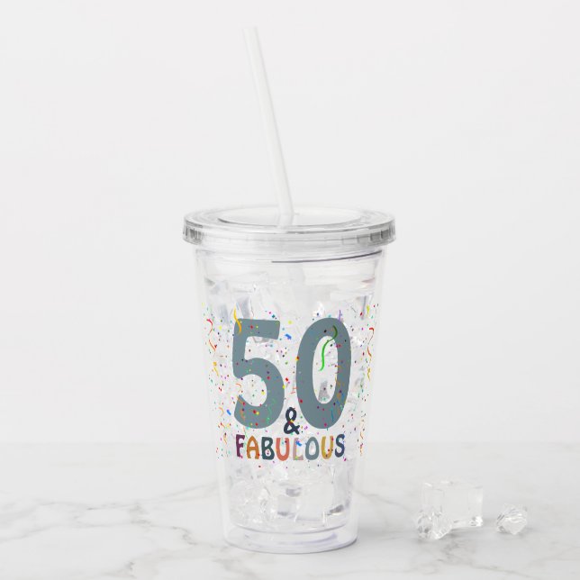 50 & Fabulous Birthday Confetti Blue Typografie Acryltrinkbecher (Vorderseite Ice)