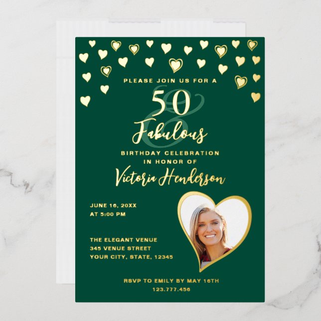 50 & Fabulous Birthday Foto Emerald Green & Gold Folieneinladung (Briefumschlag)
