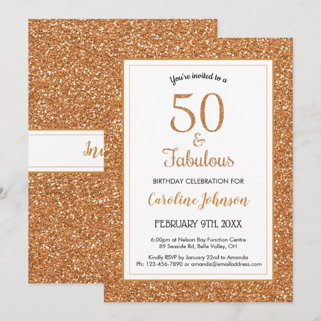 50 & Fabulous Birthday Funkelnd Gold Glitzer Einladung (Vorne/Hinten)